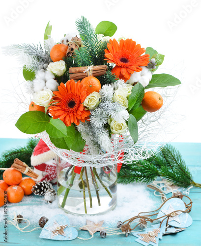 Fototapeta Naklejka Na Ścianę i Meble -  Christmas bouquet of fresh flowers and fruit, isolated on white