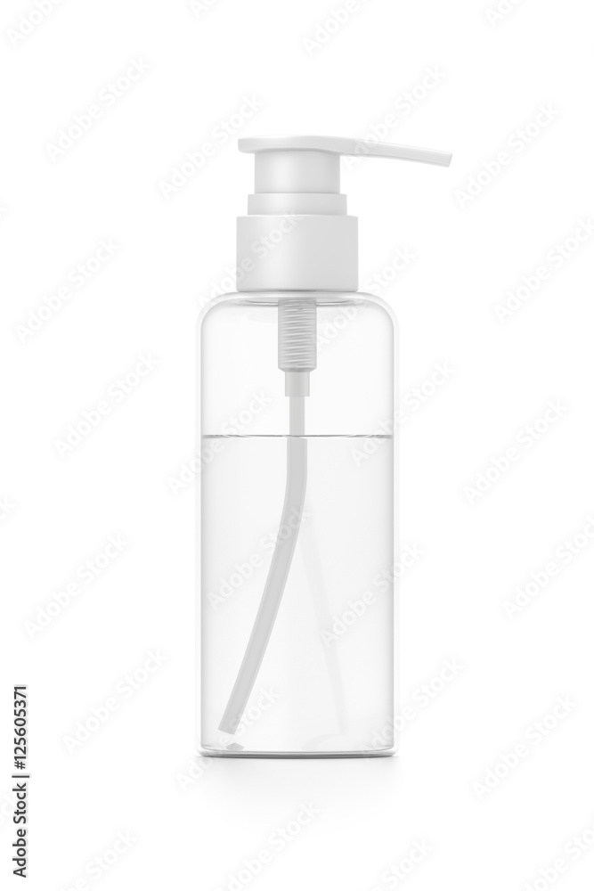 White cosmetic bottle dispenser pump with tube transparent liquid filled container from front angle. White cosmetic bottle dispenser pump with tube transparent liquid filled container from front angle.