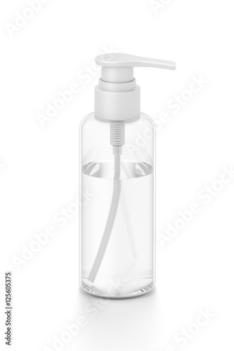 White cosmetic bottle dispenser pump with tube transparent liquid filled container from front top angle.
