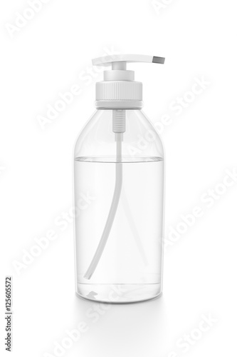 White cosmetic bottle dispenser pump with tube transparent liquid filled container from side angle.
