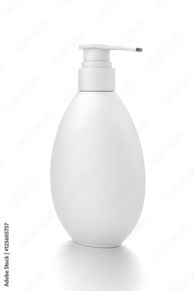 White cosmetic bottle dispenser pump with oval container from side angle. White cosmetic bottle dispenser pump with oval container from side angle.