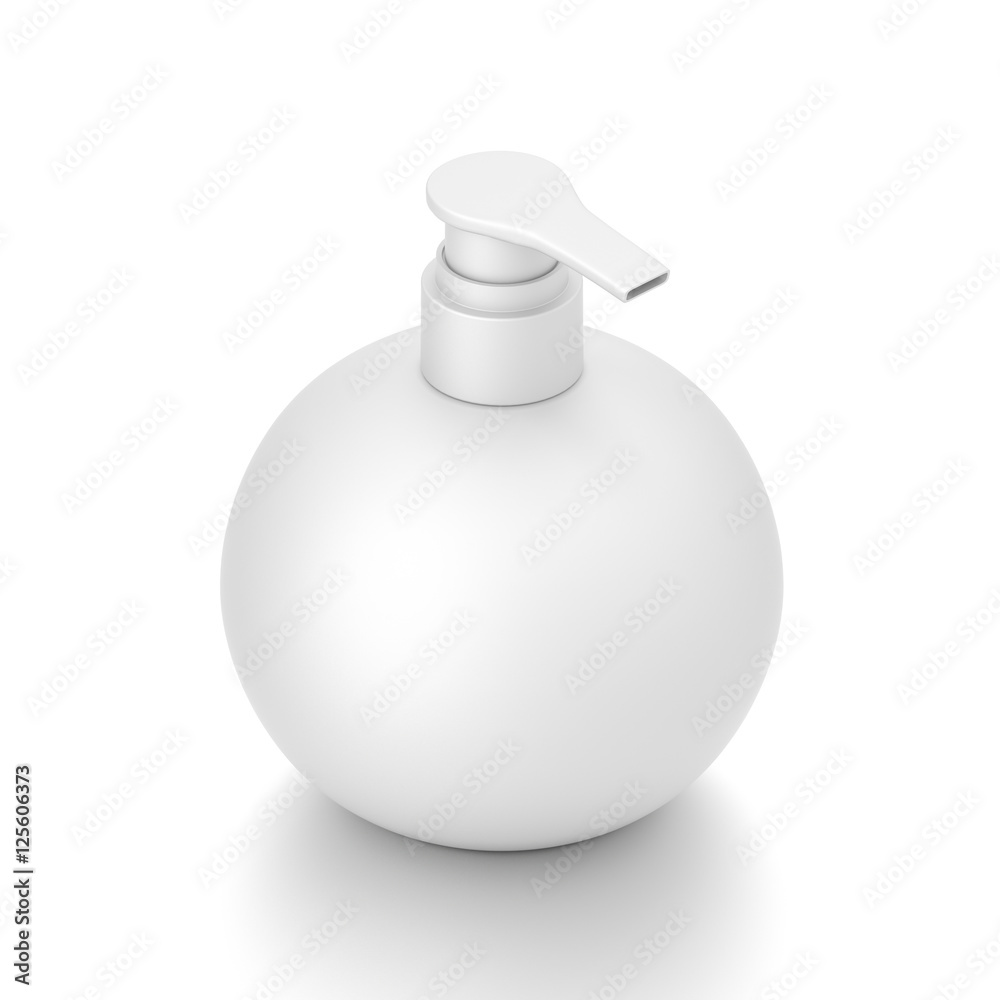 White cosmetic bottle dispenser pump with round container from isometric angle. White cosmetic bottle dispenser pump with round container from isometric angle.