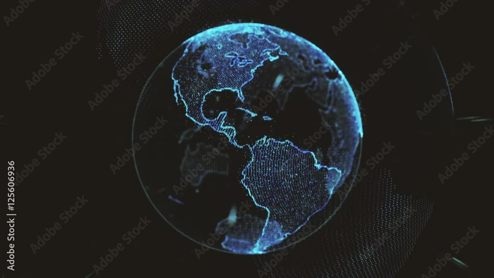 World map on a black background with sparkling particles on the surface4k loop of rotating glowing dots stylised world globe with orbits
