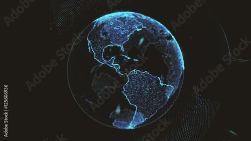 World map on a black background with sparkling particles on the surface4k loop of rotating glowing dots stylised world globe with orbits