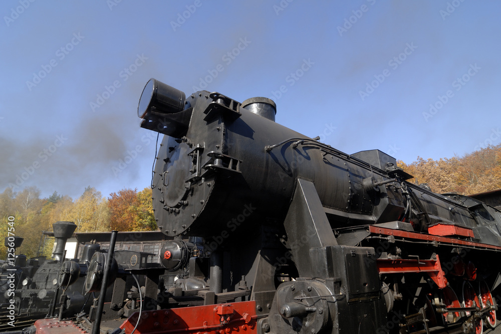 Fototapeta premium Old Vintage Steam Locomotive At The Train Depot 