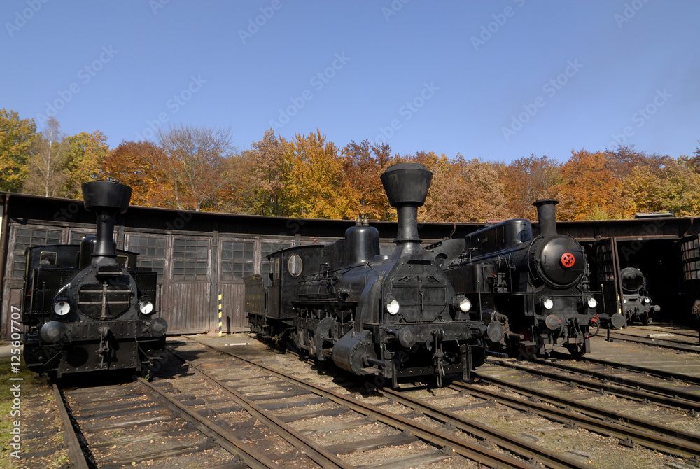 Obraz premium Old Vintage Steam Locomotive At The Train Depot 