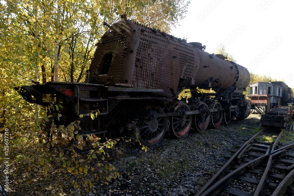 View of an old rusted steam locomotive abandoned in a track.
View of an old rusted steam locomotive abandoned in a track.