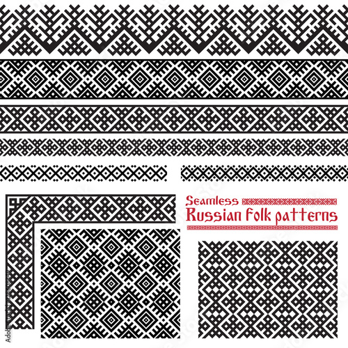 Seamless Russian folk patterns: borders, corner, fills. Patterns consist of ancient Slavic amulets. Pattern brushes and swatches are included in vector file.