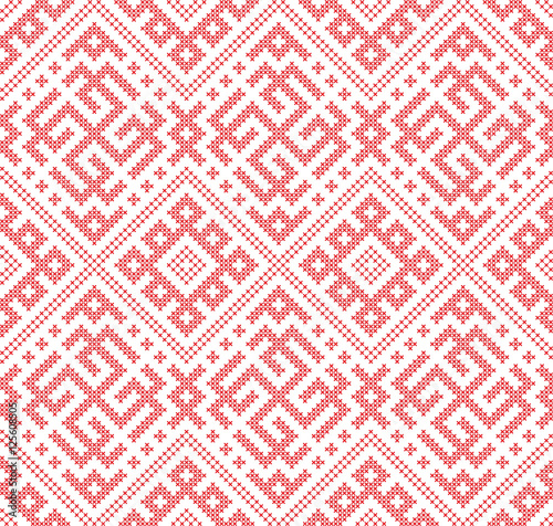 Seamless Russian folk pattern, cross-stitched embroidery imitation. Patterns consist of ancient Slavic amulets. Swatch included in vector file.