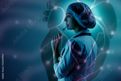 Collage on scientific topics. Young female doctor standing against heart background