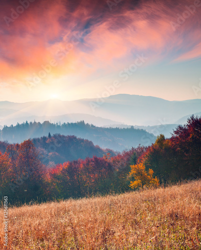 Colorful autumn sunrise in the Carpathian mountains