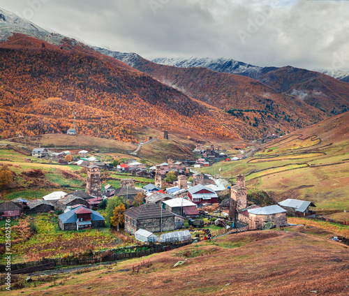 Colorful autumn morning in the famous highest inhabited village photo