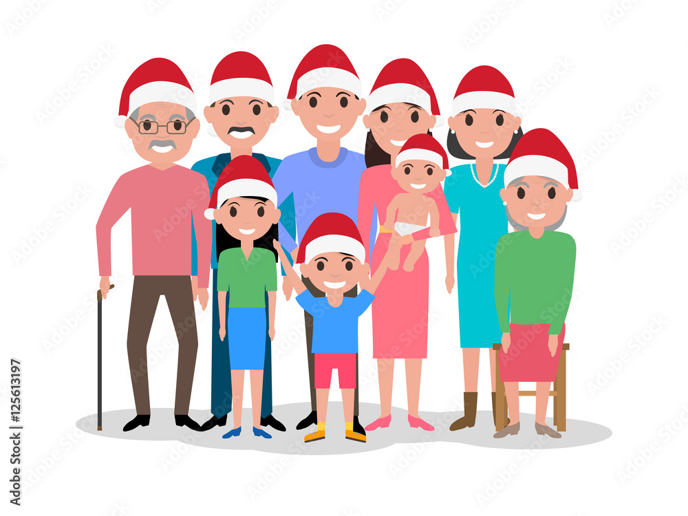 Fototapeta premium Vector cartoon happy family in cap of Santa Claus