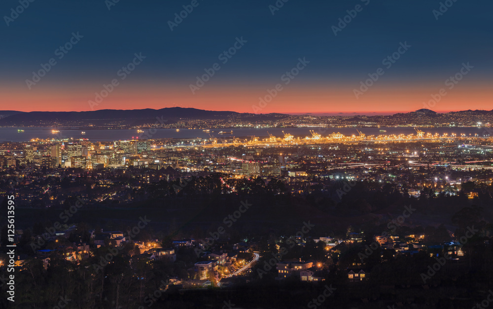 Panorama Night View of San Francisco Bay, East Bay, Oakland, Mon