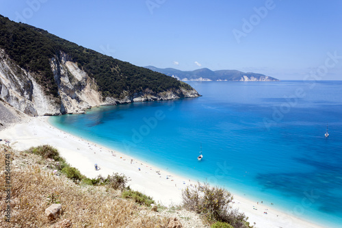 Blue water of beautiful Myrtos beach, Kefalonia, Ionian islands, Greece 