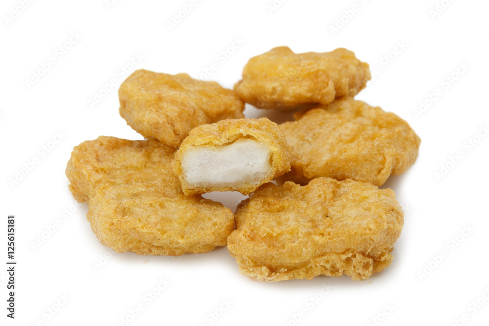 Fried chicken nuggets bites isolated on white background Fried chicken nuggets bites isolated on white background