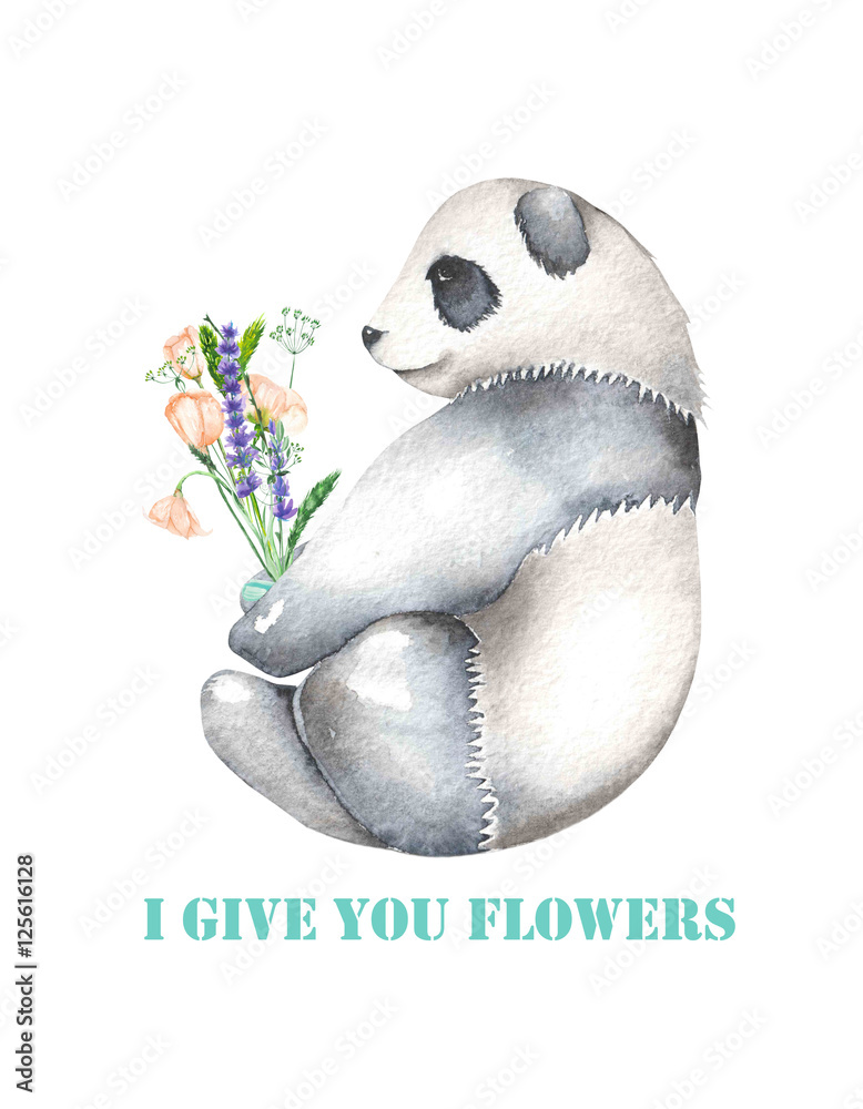 Φωτογραφία Template of postcard with watercolor illustration panda and bouquet of flowers,