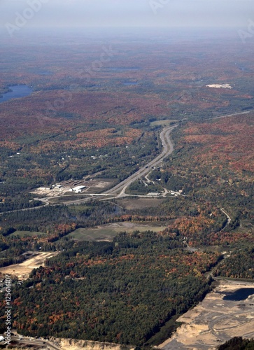 aerial view of a Autumn landscape near Huntsville in the Muskoka region of Ontario Canada 