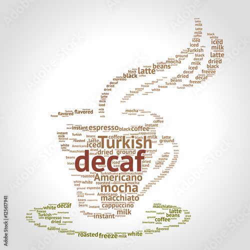 Decaf word cloud concept in shape of cup on gradient background. Vector illustration.