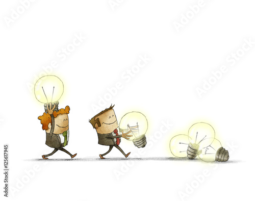 Two men holding lighted bulbs photo