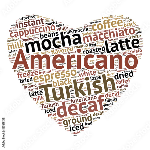 Americano word cloud concept in shape of heart on white background. Vector illustration.