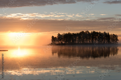 Nebelmorgen am See   rken Westufer  Smaland Schweden