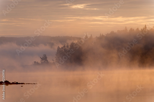 Nebelmorgen am See Örken Westufer, Smaland,Schweden