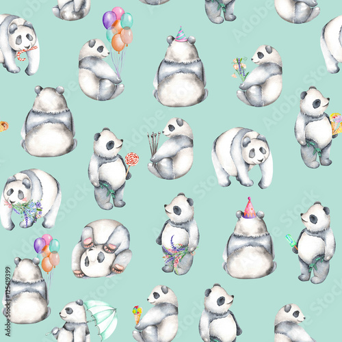 Seamless pattern with watercolor pandas  hand drawn isolated on a blue background
