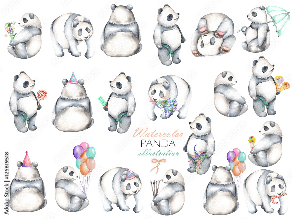 Fototapeta premium Collection, set of watercolor pandas illustrations, hand drawn isolated on a white background