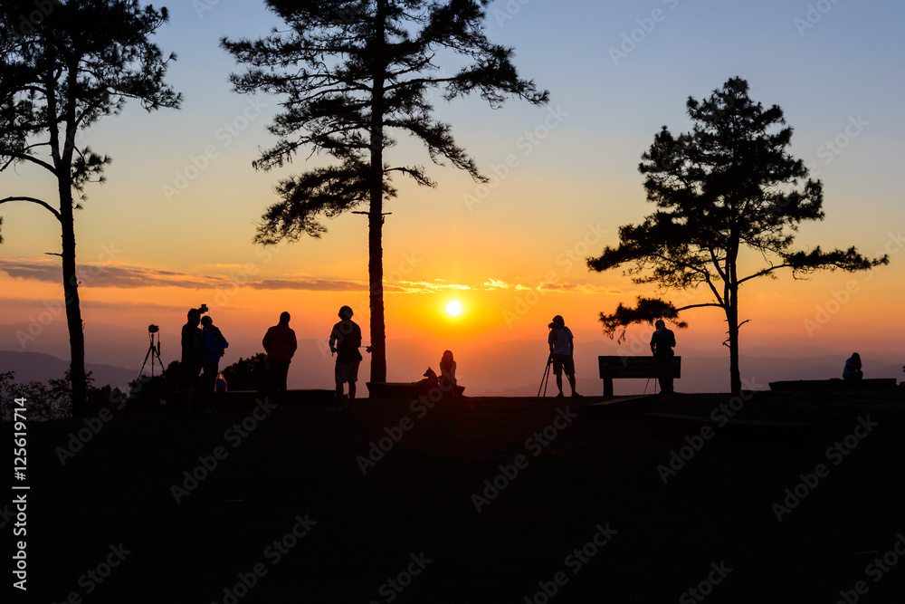 Huay Nam Dang national park view point at sunset with people silhouetted, Chiang mai, Thailand