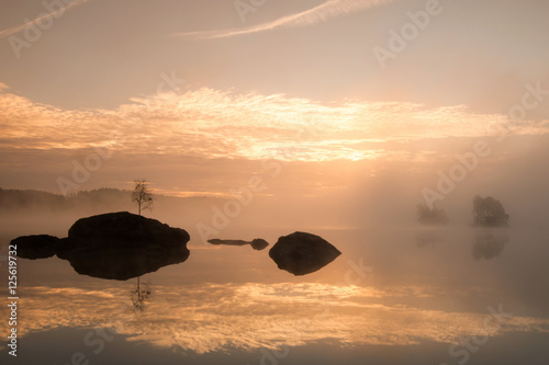 Nebelmorgen am See Örken Westufer, Smaland,Schweden