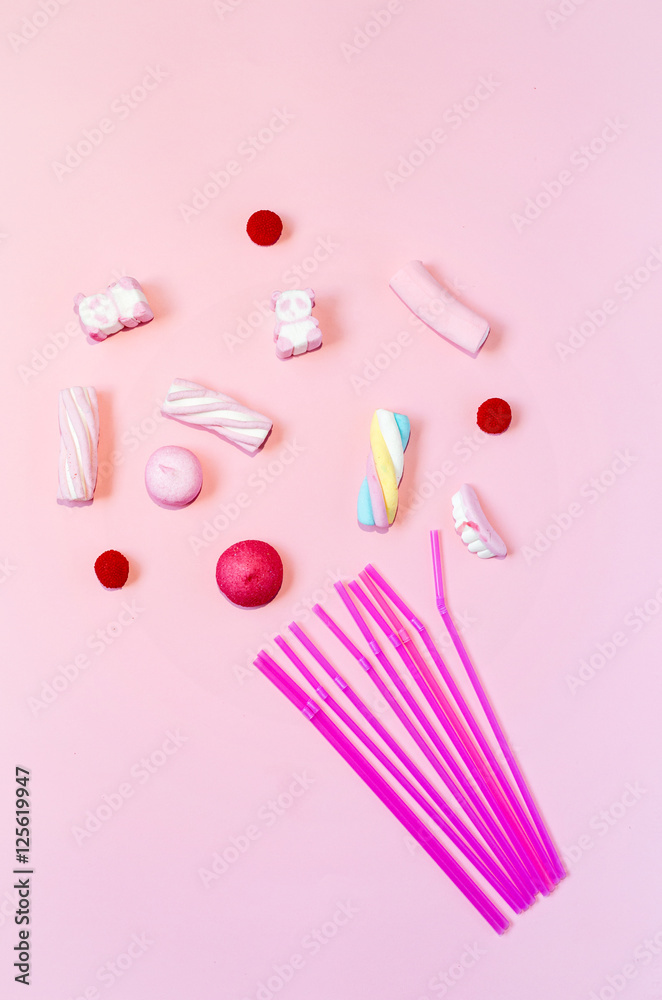 Sweets and candies with colorful backgrounds