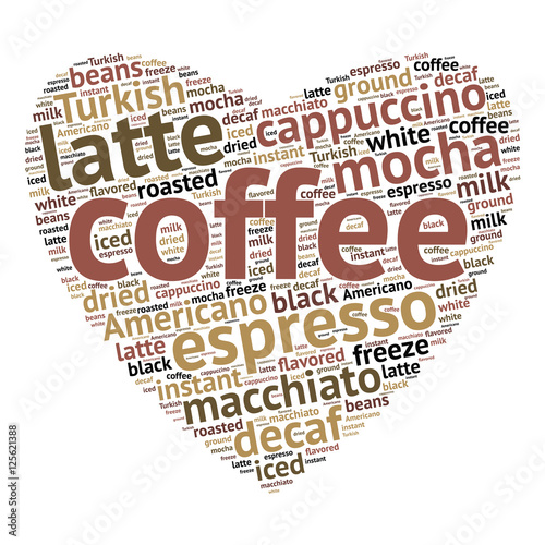 Coffee word cloud concept in shape of heart on white background. Vector illustration.