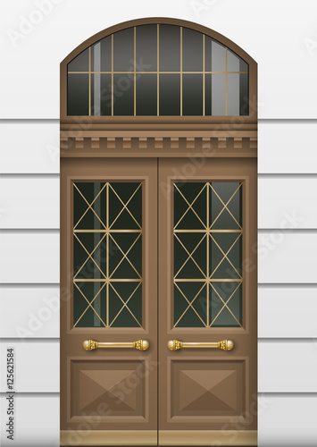 Classic facade with wooden door in a classic style. Vector graphics