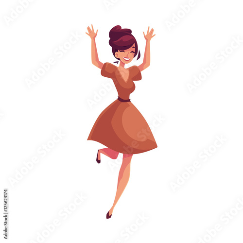 Beautiful young woman jumping from happiness, cartoon vector illustrations isolated on white background. Happy girl or young woman in a nice dress jumping in excitement