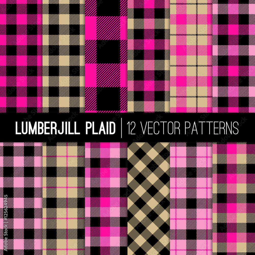 Lumberjill Flannel Plaid Vector Seamless Patterns in Pink, Black, Camel Buffalo Check,Gingham & Tartan. Female Lumberjack Check. Trendy Hipster Style Backgrounds. Tile Swatches made with Global Colors
