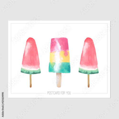 Ready to print postcard with watercolor ice creams and inscripti