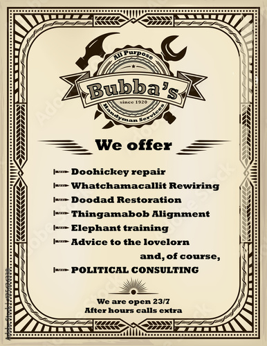 Frame and label for handyman services in retro style. Popular American idioms are used for an advertisement.