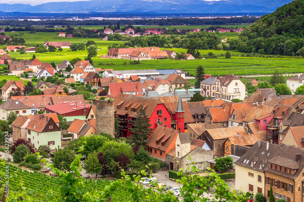 Aerial view of medieval Kaysersberg, France - obrazy, fototapety, plakaty 