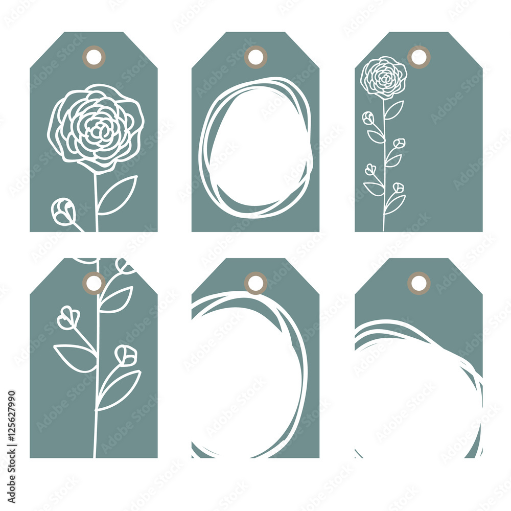 Vector hand drawn set. Romantic tags collection with flowers, lettering ...