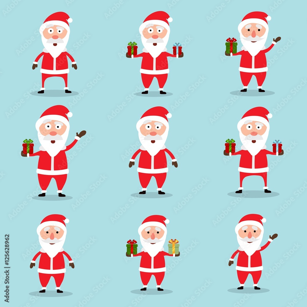 Collection of Christmas Santa Claus in flat and cartoon style. Abstract blue sky background. Vector illustration.