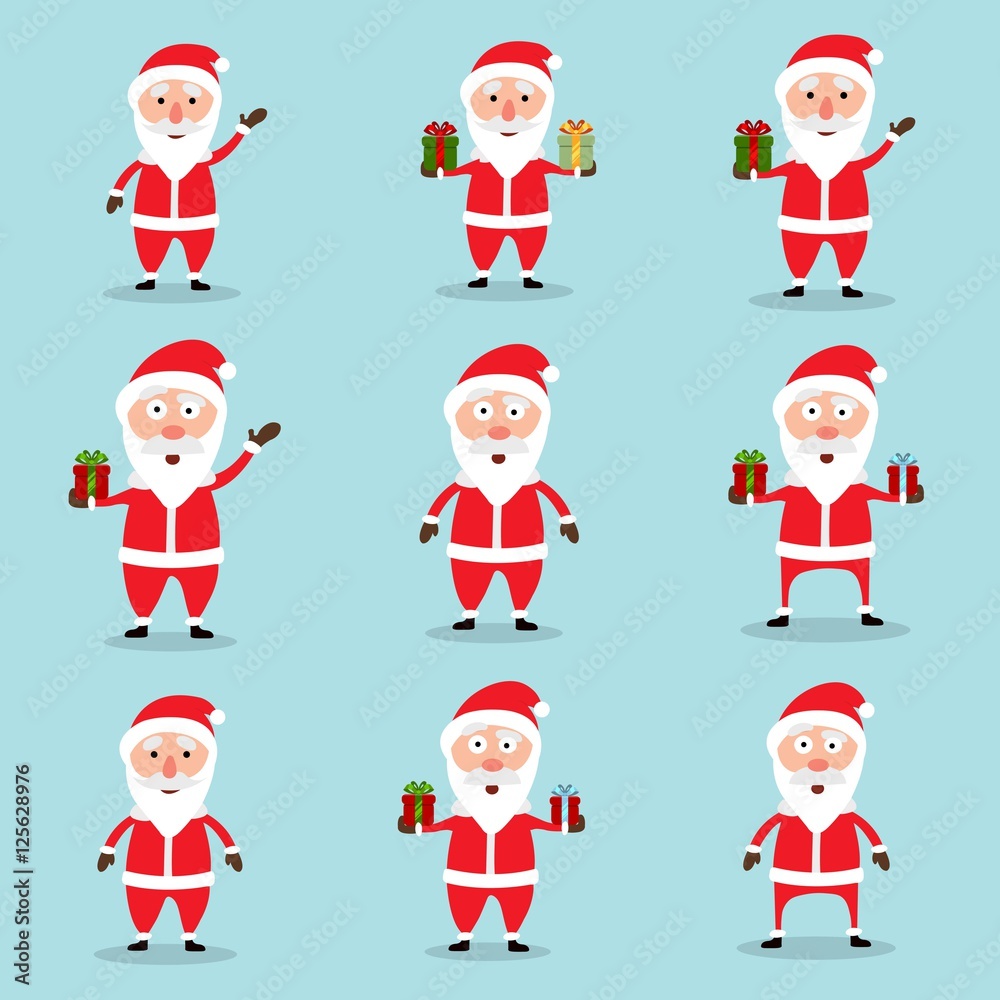 Collection of Christmas Santa Claus in flat and cartoon style. Abstract blue sky background. Vector illustration.