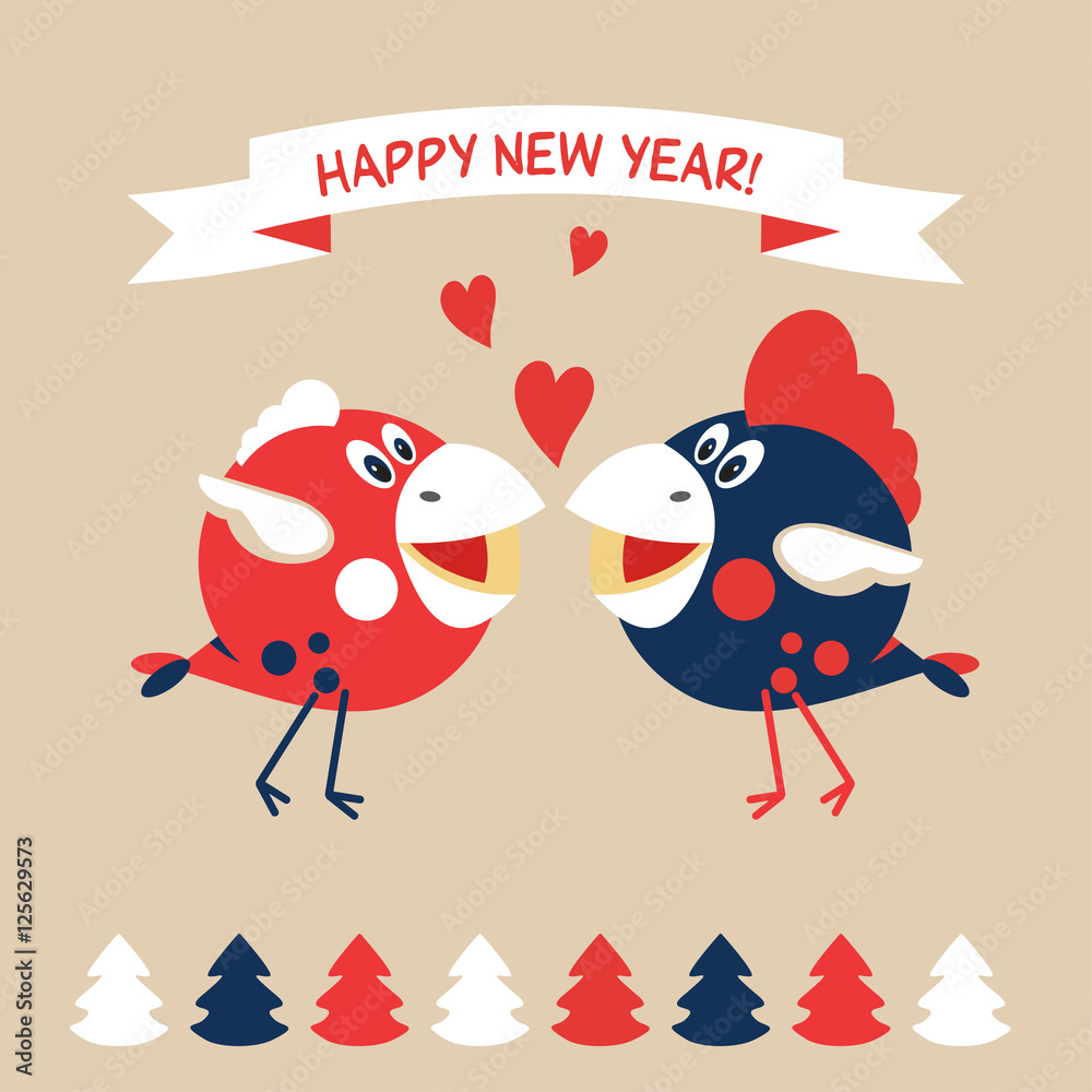 Obraz premium Christmas and New year. Holiday design, vector illustration. Two cheerful birds