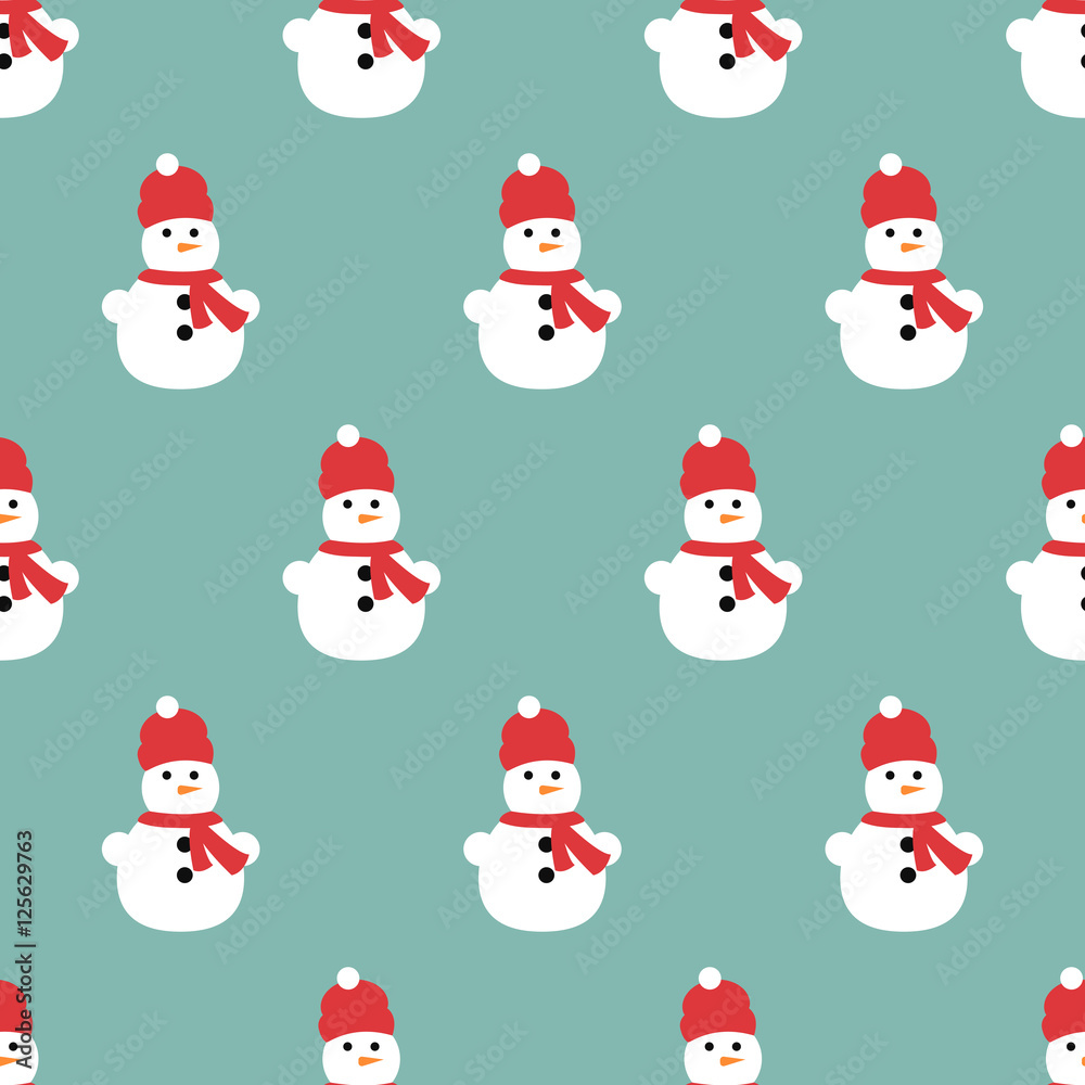 A seamless pattern of snowmen and snowflakes.