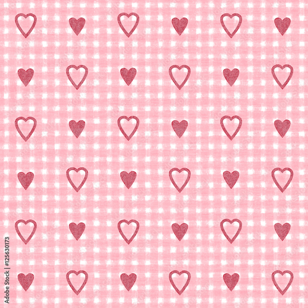 Red grungy hearts on checkered grungy pink and white background, a seamless Valentine's pattern Red grungy hearts on checkered grungy pink and white background, a seamless Valentine's pattern