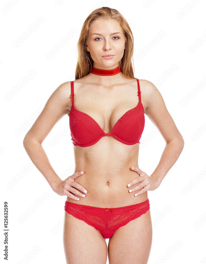 young blonde woman posing in red underwear