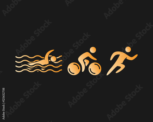Triathlon logo and icon. Gold figures triathlete