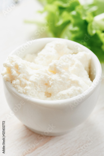 Cottage cheese in white bowls