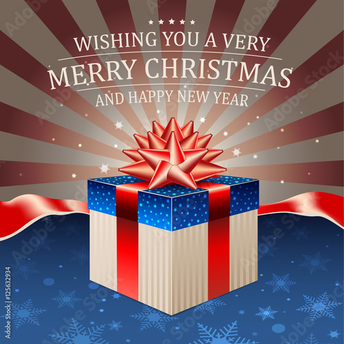 Christmas card with gift box in the colors of the US flag on a retro background with space for text