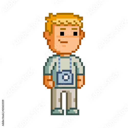 Vector 8-bit pixel art photographer